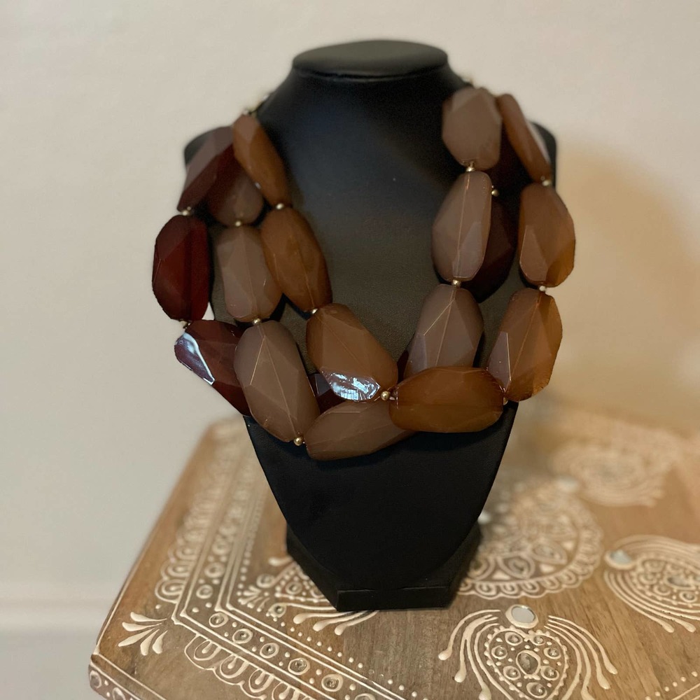 Natural Brown Hexagon Beads Hand Cut Chunky Statement Necklace